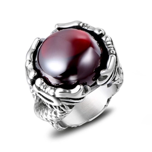 Vintage stainless steel dragon ring featuring a large round red gemstone for men
