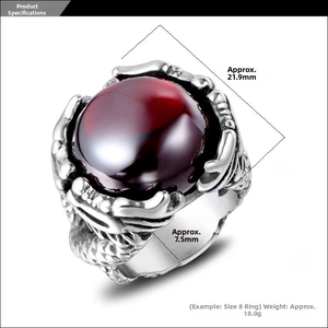 Detail view of vintage dragon ring showing 21.9mm red gemstone and engraved band
