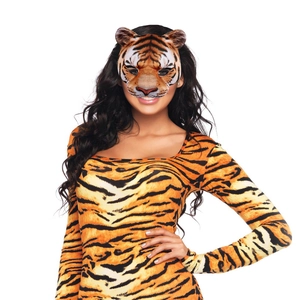 Detailed view of the tiger print pattern and matching mask on a full bodysuit