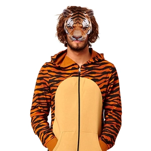 Front view of adult tiger print onesie hoodie with zipper and full pattern detail