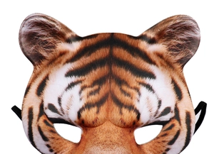 Détail de la texture imprimé tigre réaliste sur un demi-masque de cosplay de carnaval