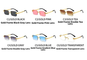 Detail view of various lens colors and leopard-head metal temples for rimless sunglasses
