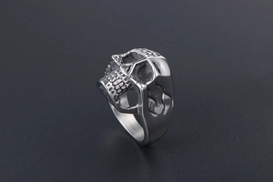 Detailed view of polished titanium steel ring featuring a unique double skull head design