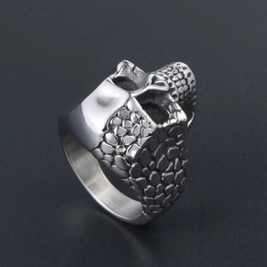 Polished silver stainless steel ring with double-sided skull and rock texture design