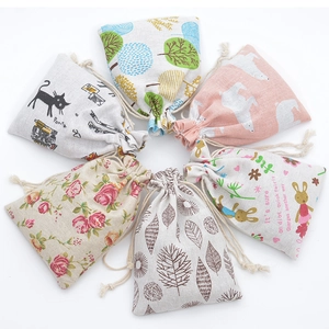 Printed Cotton Linen Cord Pouch Jewelry Storage Gift Packaging Small Burlap Sachet With Floral Animal Christmas Patterns