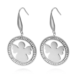 Boucles d'oreilles rondes en acier titane argenté avec cristaux et silhouette d'ange