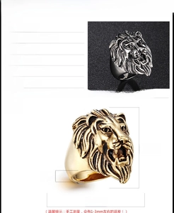 Detailed size chart for 316L stainless steel lion head rings in gold and silver