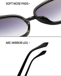 Detail of soft nose pads and arc mirror legs on butterfly shaped sunglasses