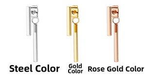 Three pairs of stainless steel geometric bar earrings in silver, gold, and rose gold