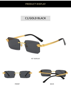 Detail of rimless rectangle sunglasses featuring golden leopard head hinges and metal temples