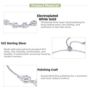 Detail of S925 sterling silver bracelet with cute paw print links and adjustable slide buckle