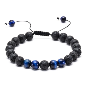 Bracciale in perle di lava nera e occhio di tigre blu 8mm con chiusura regolabile