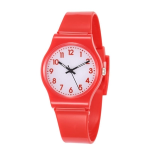Minimalist red silicone watch for kids featuring a white dial and bold Arabic numerals
