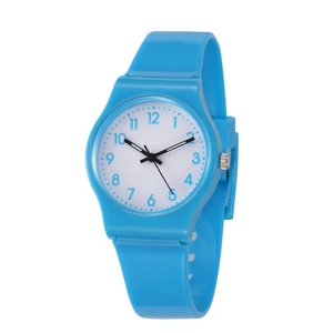 Close-up of sky blue silicone watch for kids featuring a clear white dial and arabic numerals