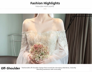 Detailed view of off-the-shoulder lace embroidery and sequin vines on a bridal gown
