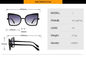 Detailed size specifications for butterfly sunglasses with frame width of 142mm