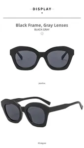 Front and side view of trendy cat-eye sunglasses with thick black frames and gray lenses
