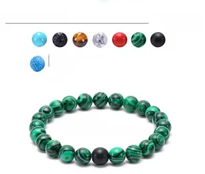 Detailed 8mm malachite beaded bracelet with size chart showing 6.7 inch inner length