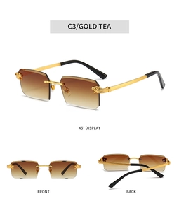 Three-view layout showing frameless gradient tea sunglasses with golden leopard hinges