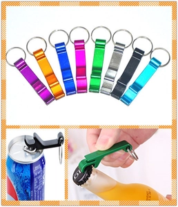 Aluminum tiger bottle opener keychain in various colors showing usage on cans and glass bottles