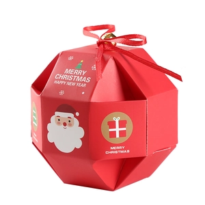 Red polyhedral Christmas gift box with festive Santa illustration and red ribbon bow