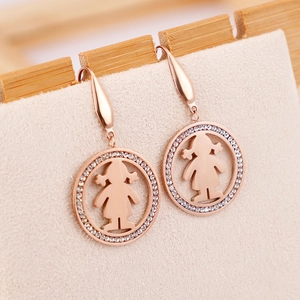 Elegant rose gold girl silhouette earrings with diamonds and hook design on beige stand
