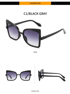 Detailed views of butterfly-shaped sunglasses with thick black resin frames and gradient lenses