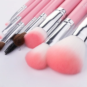 Professional 10-piece pink makeup brush set with silver ferrules and storage pouch