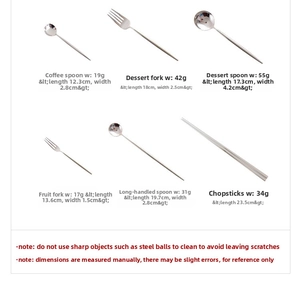 Detailed size chart for 304 stainless steel cutlery including spoons and forks