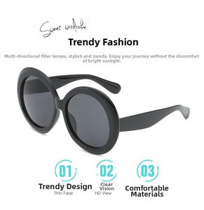 Side view of oversized round sunglasses with glossy black frame and dark grey lenses