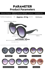 Detailed size measurement chart of oversized vintage round sunglasses with frame dimensions