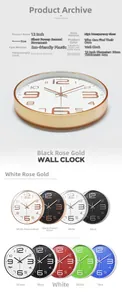 Detailed view of 12-inch wall clock featuring a silent movement and clear glass cover