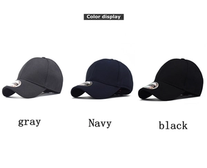 Three closed-back baseball caps in gray, navy, and black colors on white background