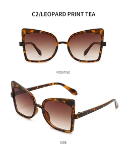 Front and side view of leopard print cat eye sunglasses with brown gradient lenses