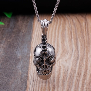 Gothic mechanical steampunk skull pendant necklace in silver stainless steel finish