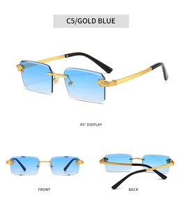 Detail view of gold rimless sunglasses with leopard head temples and blue gradient lenses