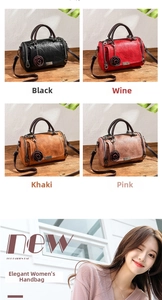 Detailed comparison of vintage Boston pillow bags in four colors with floral pendant charms