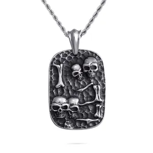 Punk Skull Dog Tag Pendant For Men Stainless Steel Gothic Rock Style Distressed Vintage Silver Finish Jewelry
