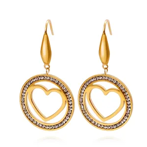 Boucles D'oreilles Pendantes En Forme De Coeur Plaquées Or 18 Carats Acier Inoxydable Creux Rond Strass Bijoux
