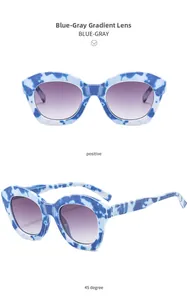 Cat-eye sunglasses with blue marble frame and gradient gray lenses shown in dual angles