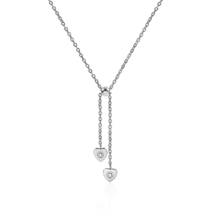 Silver Y-shaped stainless steel necklace with two small sparkling zircon heart pendants