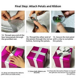 Detail guide showing assembly of purple gift box petals and silver glitter ribbon finish