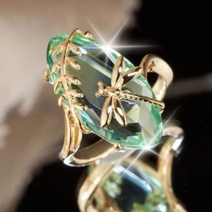 Vintage Copper Dragonfly Open Ring For Women Gold Plated Oval Green Pink Rhinestone Gemstone Leaf Design Fashion Finger Jewelry