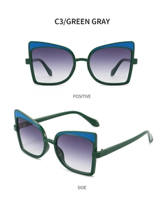 Front and side views of butterfly sunglasses with green frame and blue accents