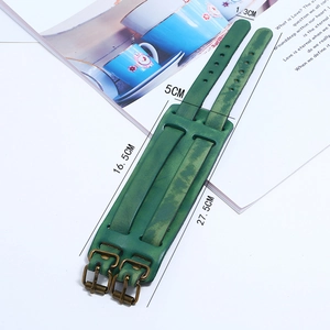 Detailed view of green genuine leather wide punk bracelet with vintage buckle dimensions