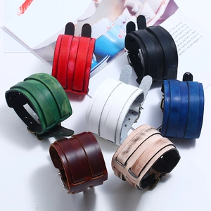 Vintage wide leather bracelets with double buckle in seven colors for men and women