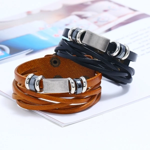 Men's retro braided leather bracelets in black and brown with silver magnetic clasps