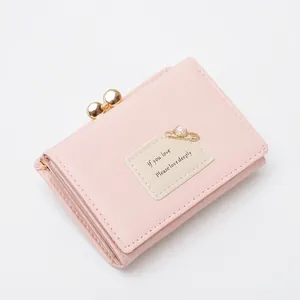 Mini portefeuille rose en cuir PU pour femmes avec un fermoir sphérique doré chic