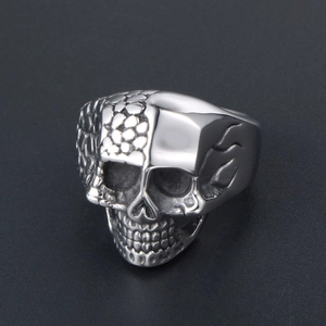 Titanium steel skull ring with dual-texture smooth and scale patterns in silver