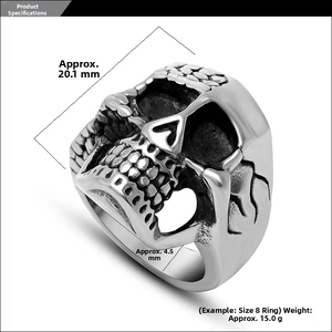 Macro detail of gothic skull ring showing 20.1mm height and vintage silver texture